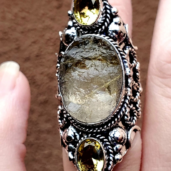 New Rough Golden Rutile and Citrine 925 Silver Statement Ring. - Picture 4 of 12